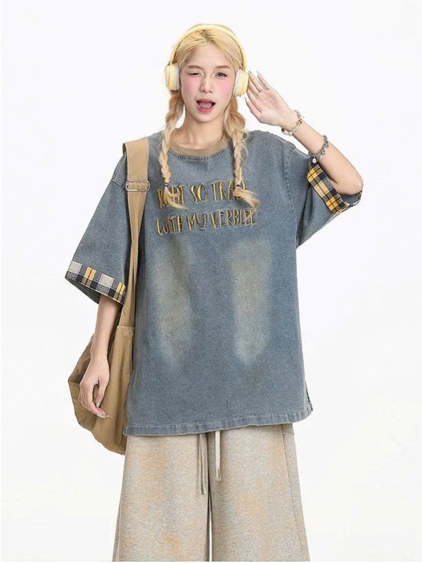 Áo thun denim form rộng phối viền caro Xanh