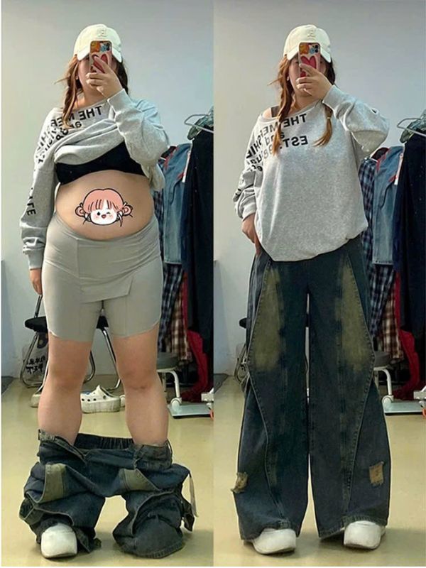 Quần jeans ống rộng wash loang phối đồ bigsize