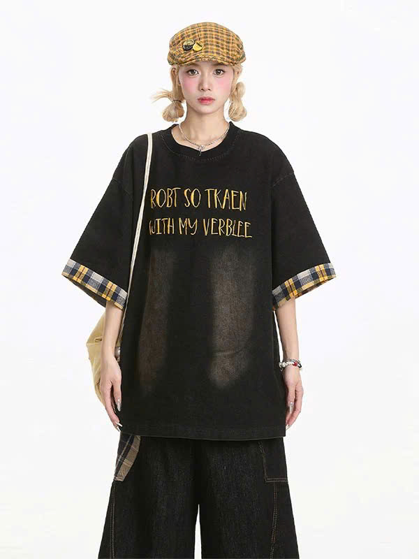 Áo thun denim form rộng phối viền caro Đen